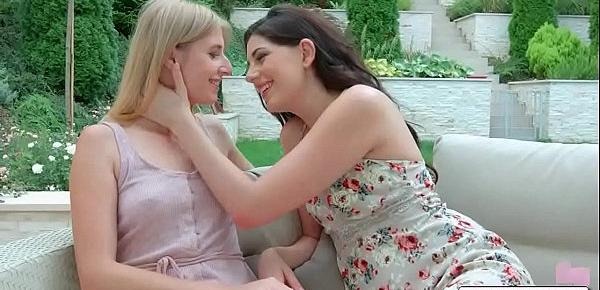  Young sapphic lesbian teens Aria Logan, Miranda Miller kiss tender and suck toes outdoors